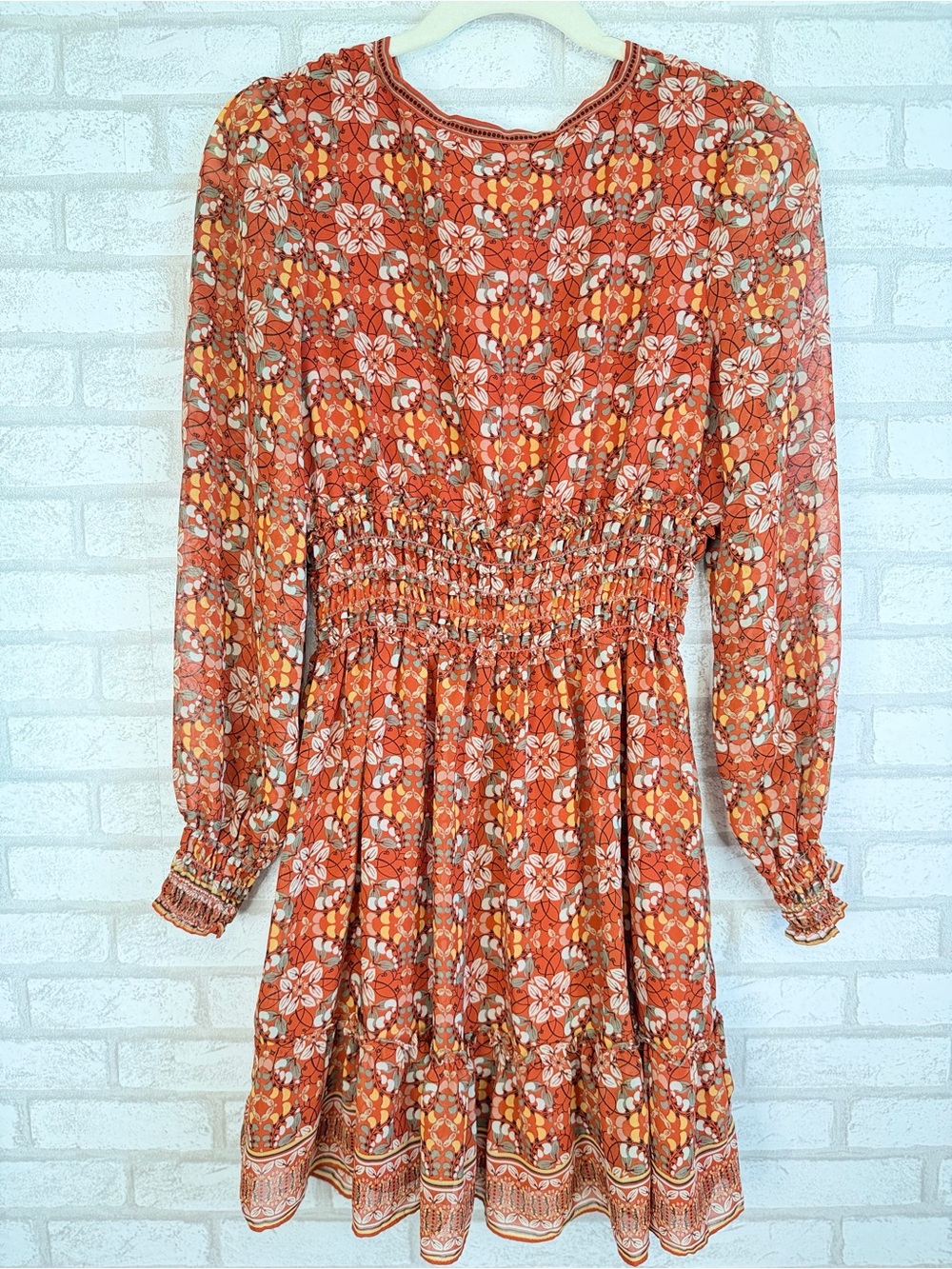 Max Studio Rust Floral Long-Sleeve Smocked Mini Dress - Picture 3 of 9